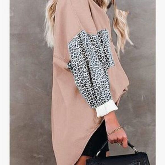 New Button Down Leopard Patch Pink Denim Jacket - Picture 3 of 6